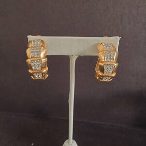 Swarovski Tiered Hoop Earrings Gold Plated Clip On Swan Signed‎ Bling Dressy